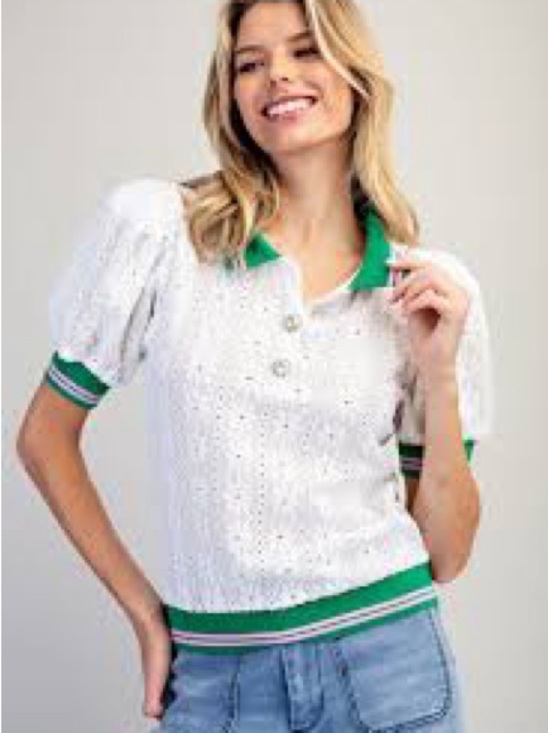 Maeve Tops - Anthropologie Maeve White Eyelet Polo Top with Green Trim